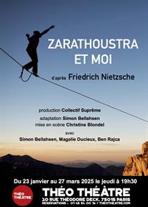 Affiche de Zarathoustra et moi au Théo Théâtre : un funambule sur un fil, au-dessus des montagnes